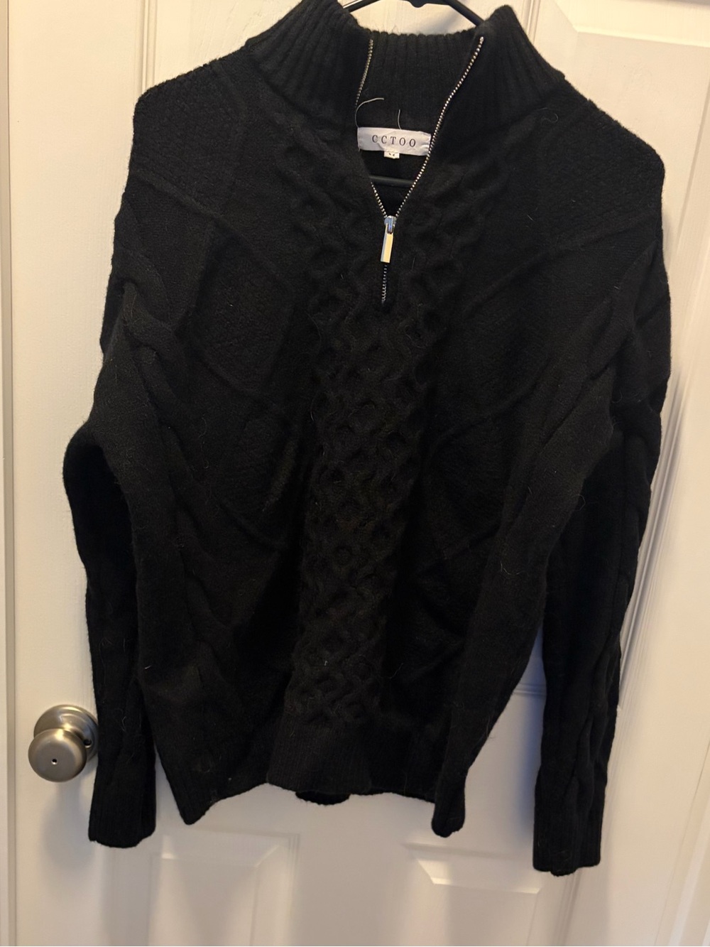 Black Cable-Knit Half-Zip Turtleneck Sweater